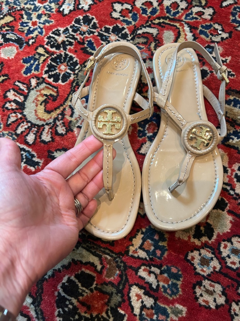 Tory Burch Nude/Beige Patent Logo Thong Sandals with Gold Medallion - Picture 3 of 5